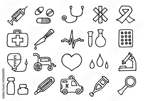 Hand drawn medicine doodle icons set. Sketch.