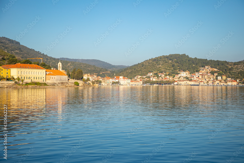 View from water of mediterranean town Vis without tourists. Yachtind destination, island Vis, Croatia