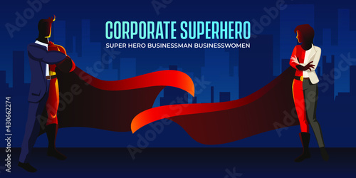 Superhero businessman and businesswomen with cape corporate executive with super skills