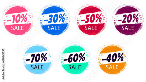 Vector icon set. 10,20,30,40,50,60,70 percent off sale