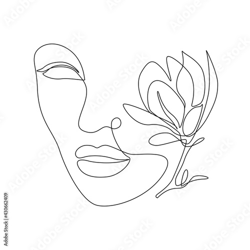 Woman face with magnolia flower in Continuous line drawing. Beautiful portrait in lineart style isolated in white background. Vector illustration