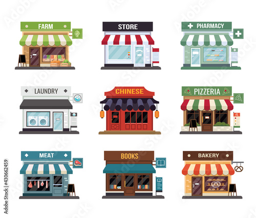 Flat style shop little tiny icon set. Chinese, fram, bakery, pizza, pharmacy, fram, books, butcher's