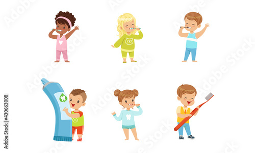 Cute Little Boy and Girl Brushing Teeth with Toothpaste and Toothbrush Vector Set