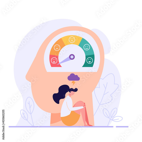 Woman is sitting near the stress scale. Concept of emotional overload, stress level, burnout, increased productivity, tiring, frustration employee in job. Vector illustration in flat design