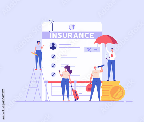 Travel Insurance Vector illustration. People traveling with insurance. Tourist with luggage in airport. Concept of insurance and health protection for travelers, safe vacation and traveling