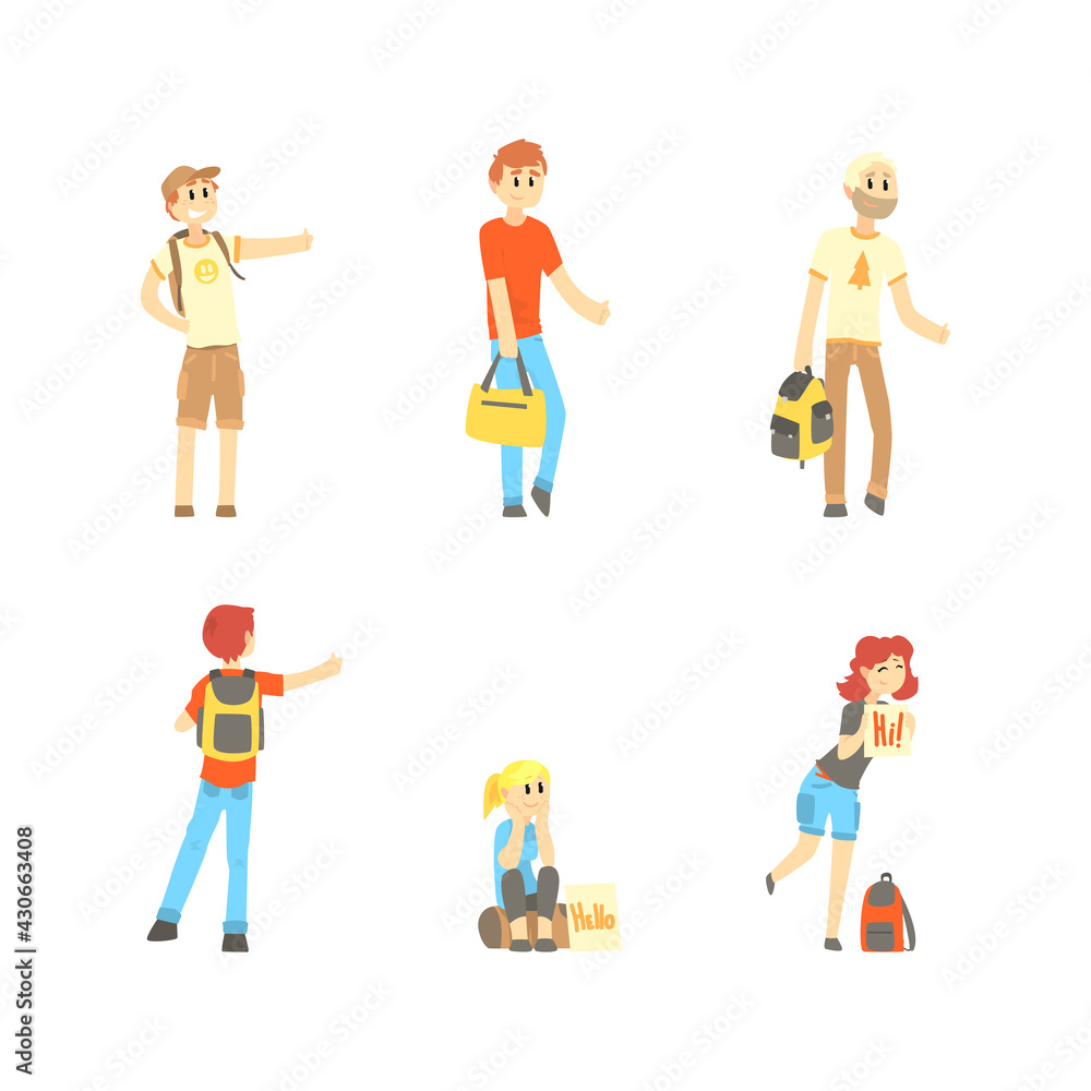 Hitchhikers with Backpacks Standing Along the Road and Thumbing or Hitching Transportation Vector Set
