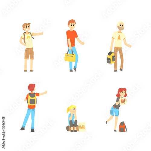 Hitchhikers with Backpacks Standing Along the Road and Thumbing or Hitching Transportation Vector Set