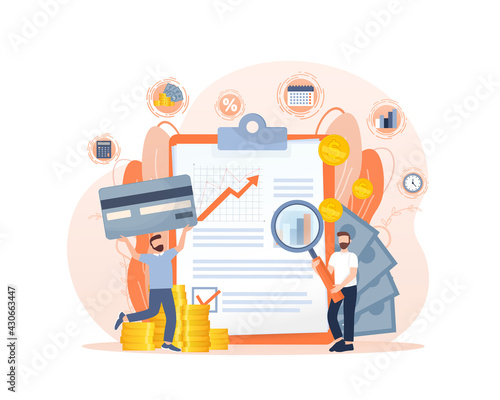 Budget management. Personal financial control. Budget planning, records management, cash flow statement metaphors. Flat style characters.