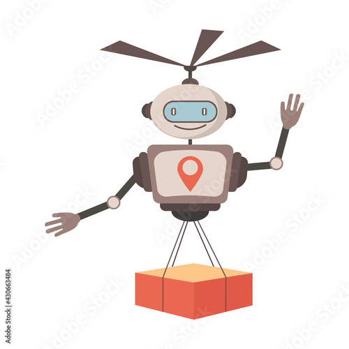 Modern robotic express delivery service vector flat illustration. Cute robot courier carrying parcel to customer. Drone fast delivery. Artificial Intelligence, technological logistics, and shipment.