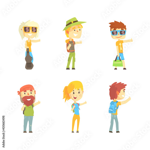 Hitchhikers with Backpacks Standing Along the Road and Thumbing or Hitching Transportation Vector Set