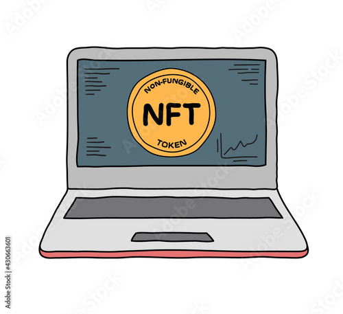 Laptop computer displaying NFT non-fungible token in hand drawn doodle sketch style. Colour filled.