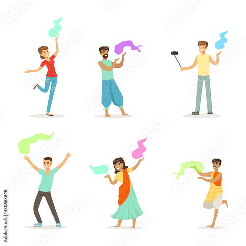 People Characters Celebrating Ancient Hindu Festival Throwing Colours Vector Set