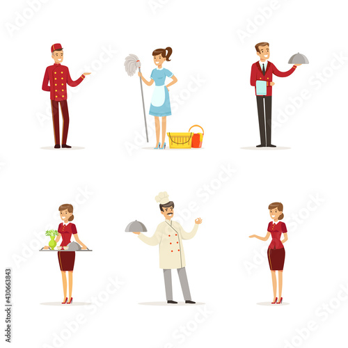 Hotel Staff with Hostess, Maid and Porter Vector Set