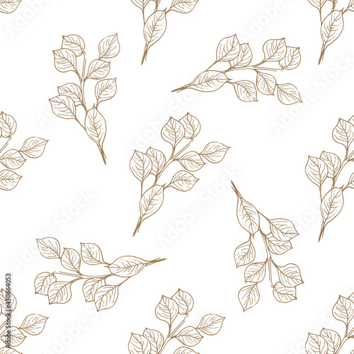 Fototapeta Naklejka Na Ścianę i Meble -  Gold flowers pattern.A minimalistic pattern for creating textiles, wallpaper, paper. Gold foil stamp on a white background. Seamless background with leaves. Vintage. Vector illustration
