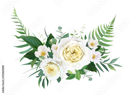Elegant half wreath floral bouquet with yellow garden roses, white camellia flowers, greenery, green forest fern leaves, eucalyptus. Vector, editable, watercolor illustration. Wedding designer element