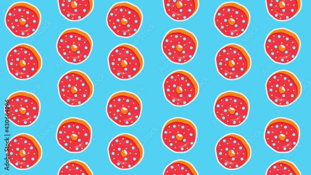 Seamless loop animation of the donut image. A vanilla doughnut with pink icing rotates on a blue background. Donut icon seamless background. Seamless loop animation of the donut image. A vanilla doughnut with pink icing rotates on a blue background. Donut icon seamless background.