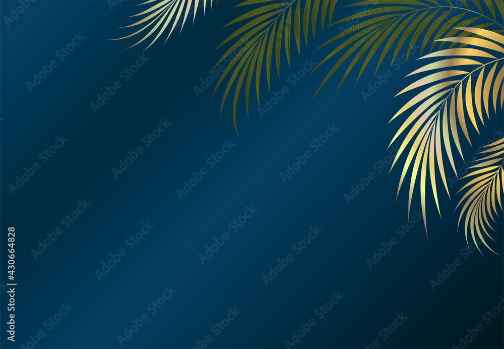 Tropical golden leaves on a blue gradient background.