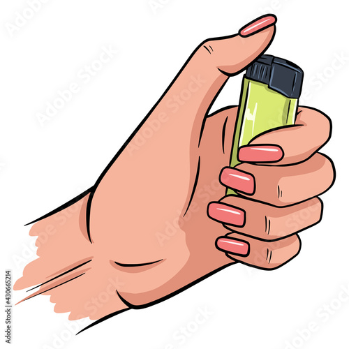 Lighter in the hands. Vector illustration in cartoon style. The lighter is burning in the hands.