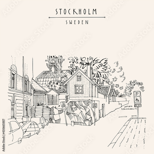 Vector Stockholm postcard. Street in Stockholm, Sweden, Scandinavia, Europe. House on the rock, car parking. Retro style artistic Swedish travel sketch. Vintage touristic postcard, poster illustration
