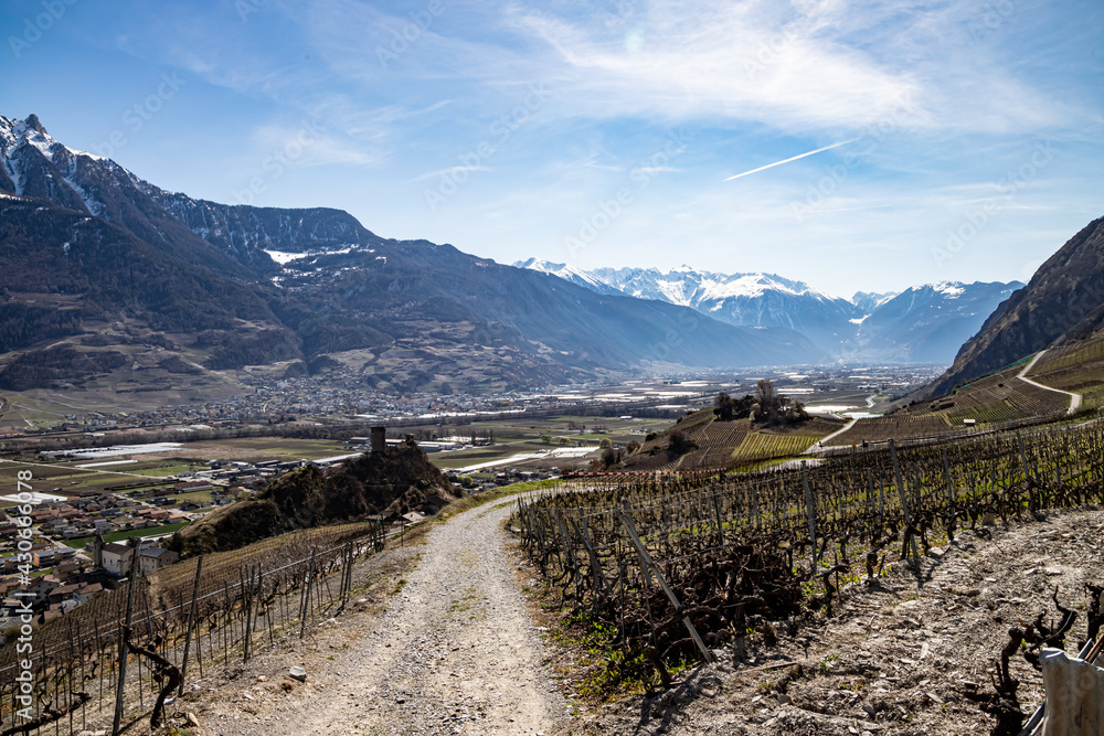 Saillon, Switzerland 28.03.2021 - Martigny, Crevasse, Saillon Castle, Pierre Avoi, vineyards in Spring,  Farinet hike