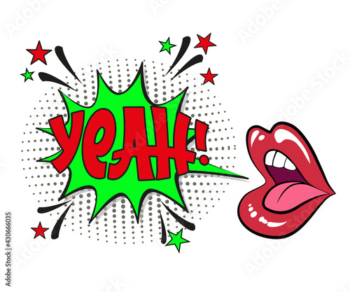 Comic lettering yeah with red lips and an open mouth. Vector bright cartoon illustration in retro pop art style. Comic text sound effects. EPS 10.	