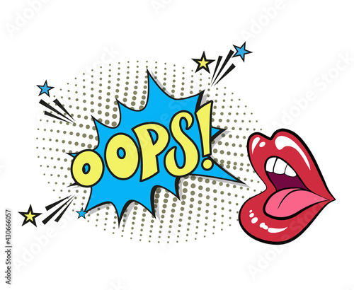 Comic lettering oops with red lips and an open mouth. Vector bright cartoon illustration in retro pop art style. Comic text sound effects. EPS 10.