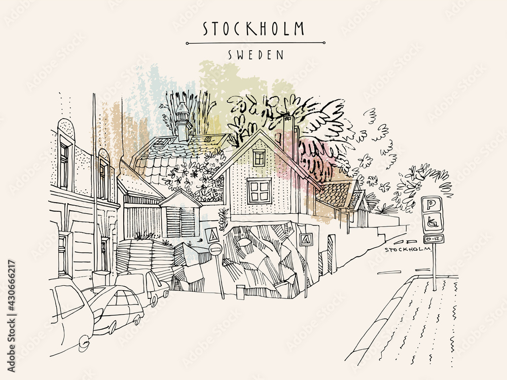 Vector Stockholm postcard. Street in Stockholm, Sweden, Scandinavia, Europe. House on the rock, car parking. Retro style artistic Swedish travel sketch. Vintage touristic postcard, poster illustration