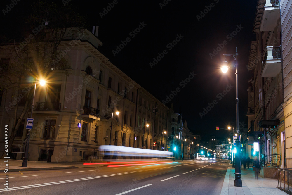 Moscow, Russia.  Night view of Ostozhenka street. Old houses. Car traces