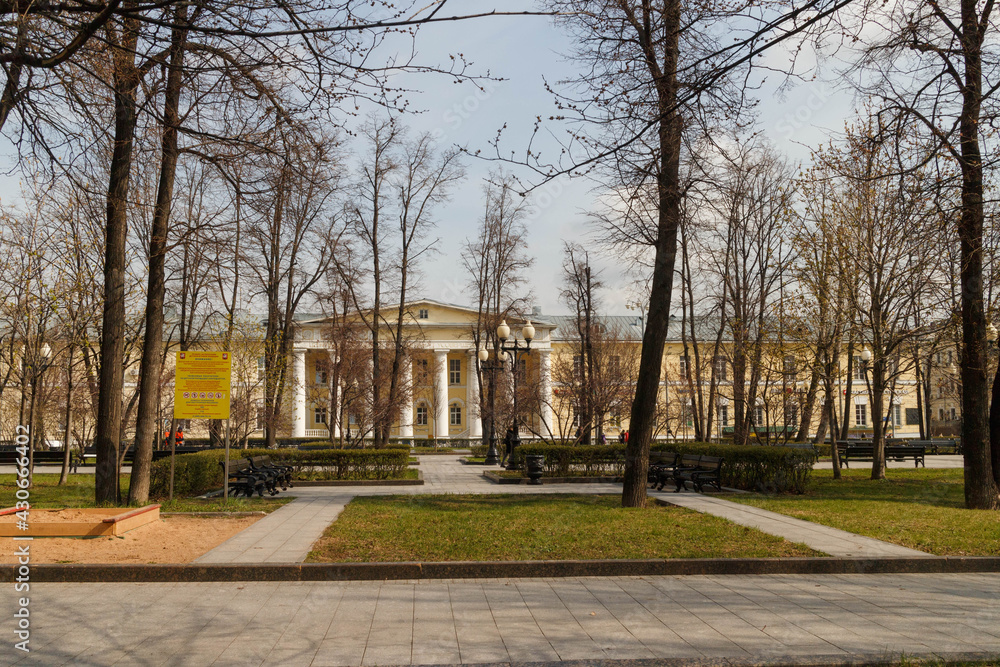 Moscow, Russia. Small park at Kudrinskaya square. Early winter. Bare trees