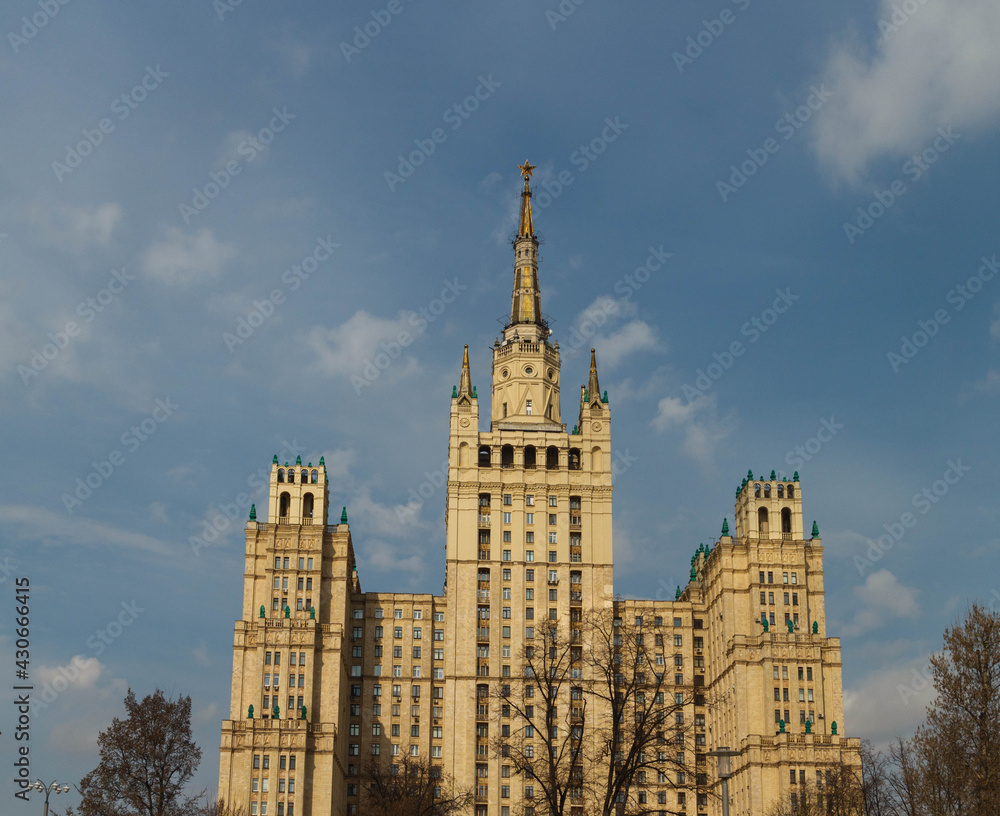 Moscow, Russia. Skyscraper at Kudrinskaya square. Clouds. Sunny wearter. Spring