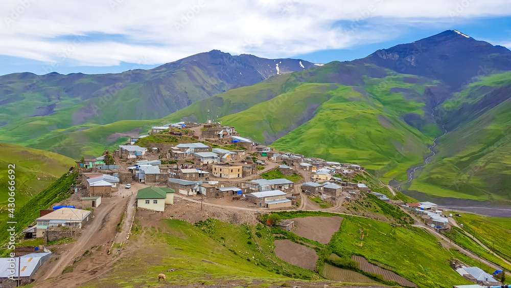 Panoramic view of Khinalig - a unique village located in the Caucasus Mountains. Azerbaijan