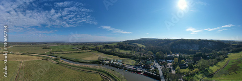 Aerial panoramic view of Amberley on the banks of the River Arun in West Sussex in a scenic position within the South Downs. © Geoff