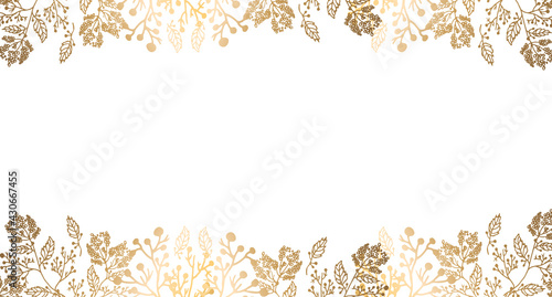 Plants line gold. The frame is shiny horizontal. Place for your text. Intertwining branches and leaves on a light beautiful background. The background color is white. Wind illustration.