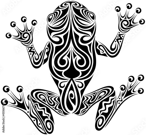 Vector illustration of an ornately patterned tree frog design in black and white.