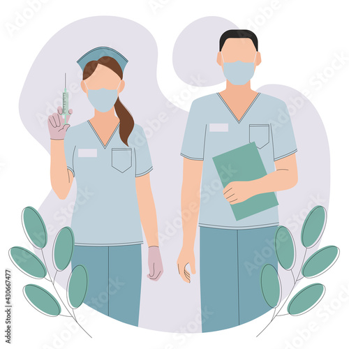 International nurses day. Vector flat illustration for doctors day or nursing day. Cartoon medical staff: nurse with mask and syringe, male nurse with mask and folder. Banner for hospital or web.