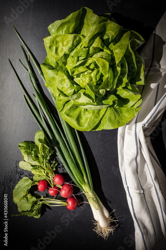 Bunch of green young onions with roots. Red radishes, green lettuce on a black background of the old wooden board vintage vertical 