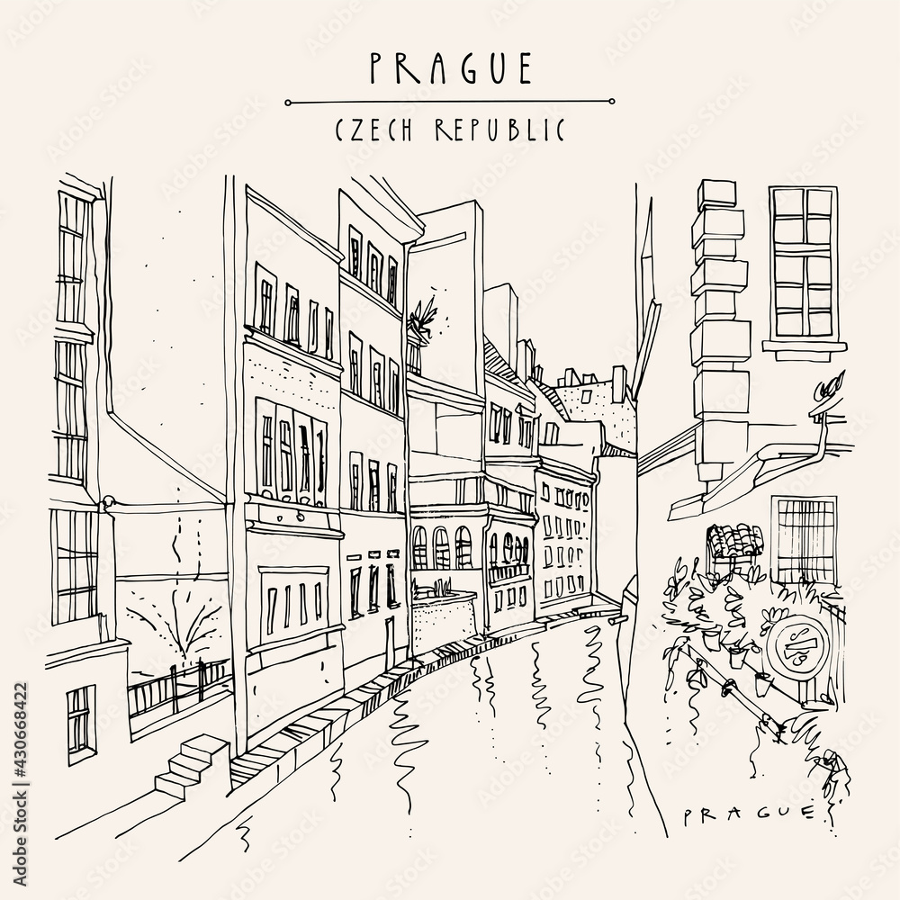 Vector Prague postcard. Prague, Czech Republic, Europe. Canal in the old town. Travel sketch drawing. Hand drawn vintage touristic postcard, poster, book or calendar illustration