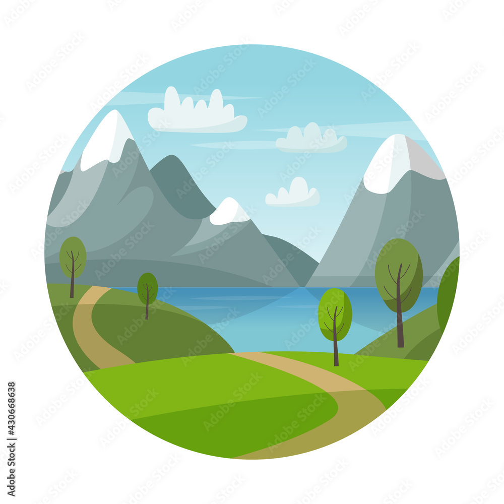 Mountain vector landscape with green hills, trees, lake and road. Nature summer illustration. Circle logo. Nature tourism.