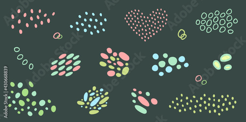 Set of abstract spots of dots, loops. Modern design assets. Graphic background space fillers for creating trending patterns, templates. Geometric rounded shapes similar to stones. Flat clip art specks