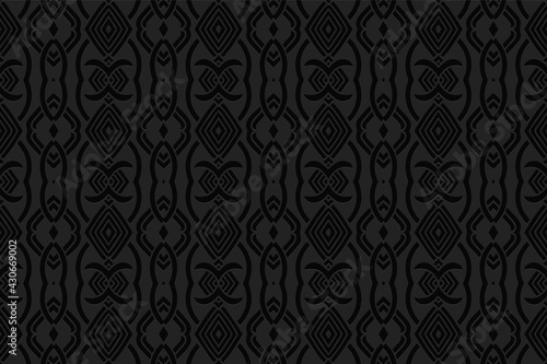 3d volumetric convex geometric black background. Embossed ethnic abstract pattern. Oriental, Islamic, Arabic, Maracan motives. Ornament for wallpapers, presentations, textiles, websites.