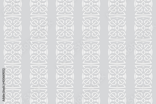 3d volumetric convex geometric white background. Embossed ethnic abstract vertical pattern. Oriental, Islamic, Arabic, Maracan motives. Ornament for wallpapers, presentations, textiles, websites.