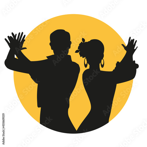 Couple of Spanish flamenco dancers silhouettes playing clapping. Yellow circle on white background