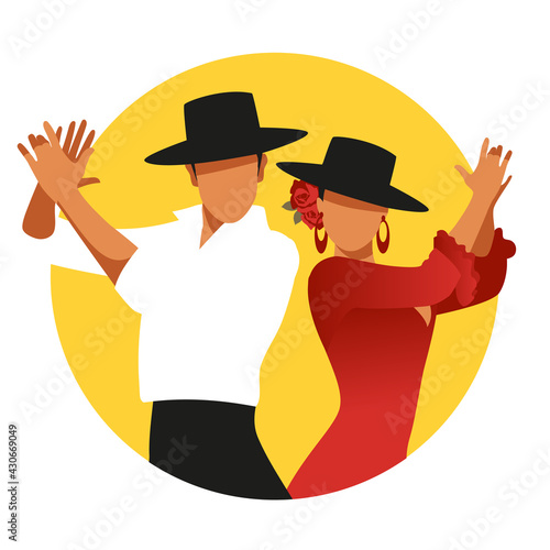 Obraz na plátně Couple of Spanish flamenco dancers wearing typical hats, playing clapping