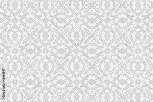 3d volumetric convex geometric white background. Embossed ethnic original pattern. Oriental, Islamic, Arabic, Maracan motives. Ornament for wallpapers, presentations, textiles, websites.