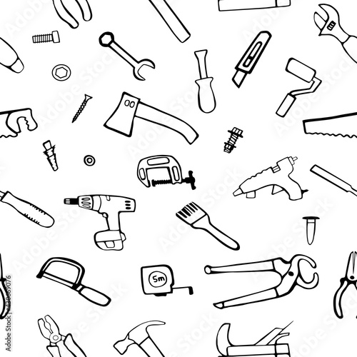 Construction tools for repair. A pattern from a set of icons in a doodle style. Hand drawn building material. Vector illustration.