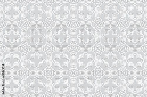 3d volumetric convex geometric white background. Embossed ethnic unique pattern. Oriental, Islamic, Arabic, Maracan motives. Ornament for wallpapers, presentations, textiles, websites.