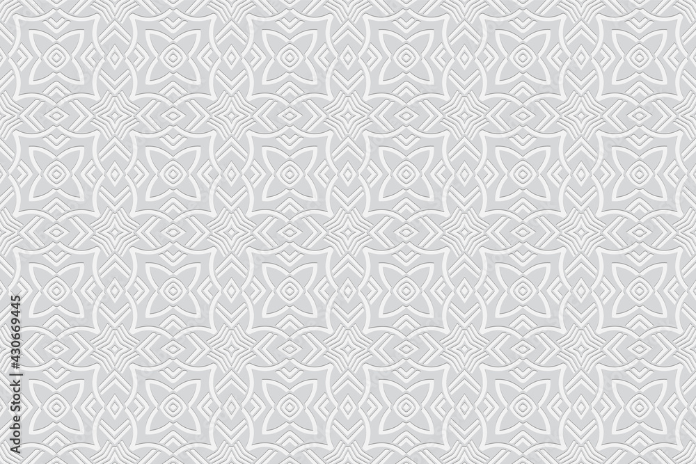 3d volumetric convex geometric white background. Embossed ethnic floral pattern. Oriental, Islamic, Arabic, Maracan motives. Ornament for wallpapers, presentations, textiles, websites.