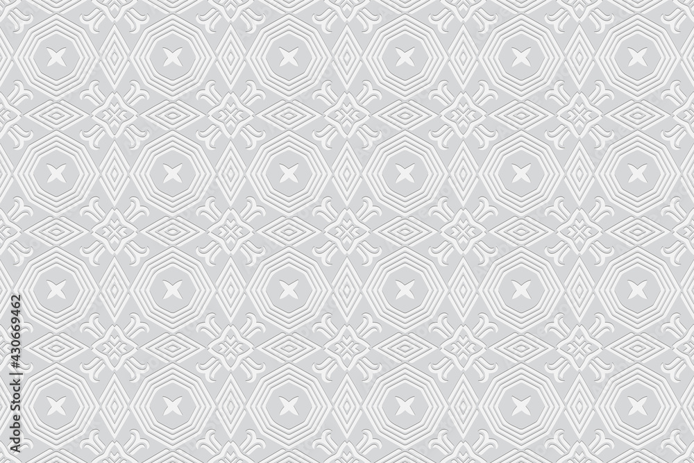 3d volumetric convex geometric white background. Embossed ethnic traditional folk pattern. Oriental, Islamic, Arabic, Maracan motives. Ornament for wallpapers, presentations, textiles, websites. 3d volumetric convex geometric white background. Embossed ethnic traditional folk pattern. Oriental, Islamic, Arabic, Maracan motives. Ornament for wallpapers, presentations, textiles, websites.