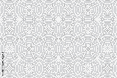 3d volumetric convex geometric white background. Embossed ethnic original graceful pattern. Oriental, Islamic, Arabic, Maracan motives. Ornament for wallpapers, presentations, textiles, websites.