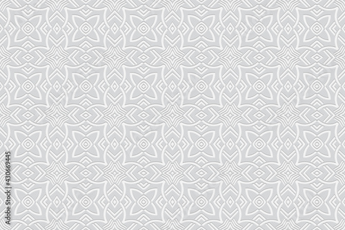 3d volumetric convex geometric white background. Embossed ethnic floral pattern. Oriental, Islamic, Arabic, Maracan motives. Ornament for wallpapers, presentations, textiles, websites.